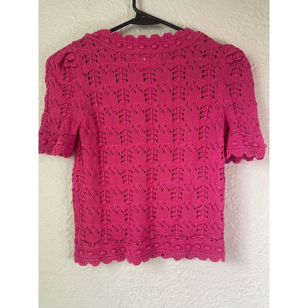 Anthropologie Women's Pink Crochet‎ Knit Short Sleeve Top Blouse - Picture 2 of 3